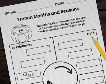 17 französische Monate und Jahreszeiten Arbeitsblätter für Kinder | Französische Französisch Vokabeln Arbeitsblätter zum ausdrucken | PDF Seite für die Sprache der Klassenzimmer Homeschool