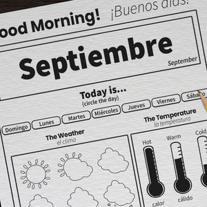 12 Spanish Calendar Worksheets for Kids | Printable Spanish Circle Time Worksheets | Daily Homeschool Preschool Classroom Month Day Pages