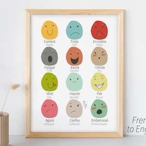 French & English Emotions Poster Printable | Preschool Bilingual Child France Nursery Classroom Wall Art | Toddler Educational Print Decor