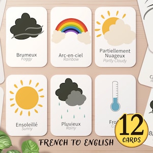 12 French & English Weather Bilingual Flashcards for Kids | Learn French Preschool Homeschool Pre-K Montessori Toddler Basics Flash Card
