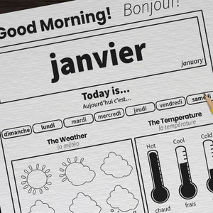 12 hojas de trabajo del calendario francés para niños / Hojas de trabajo imprimibles de la hora del círculo en francés / Páginas PDF diarias del día del mes del aula preescolar de educación en el hogar