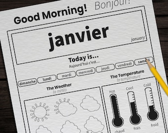 12 French Calendar Worksheets for Kids | Printable French Circle Time Worksheets | Daily Homeschool Preschool Classroom Month Day PDF Pages