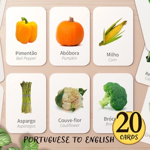 20 schede didattiche bilingue portoghese e inglese sulle verdure stampabili / Scuola materna Homeschool Classe brasiliana Impara i nomi / Scheda didattica per bambini piccoli
