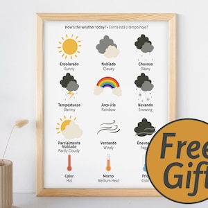 Póster imprimible del tiempo en portugués, regalo gratuito, para niños en edad preescolar, sala de juegos brasileña, aula, guardería, arte, impresión educativa decorativa para niños pequeños