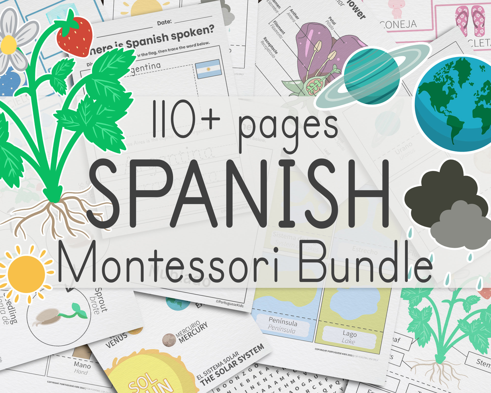 Spanish Montessori Language Bundle | 110+ Spanish Science, Geography, Art, Sensorial Printable Flashcard, Activity Page, Worksheets for Kids