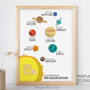 Portuguese & English Solar System Poster Printable | Kindergarten Brazilian Kid Child Planet Classroom Art School Educational Print Decor