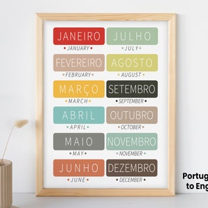 Portuguese & English Months of the Year Poster Printable | Preschool Brazilian Playroom Classroom Wall Art | Toddler Education Print Decor