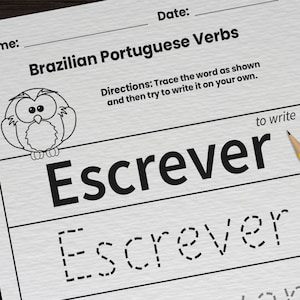 38 Brazilian Portuguese Verb Practice Worksheets for Kids | Printable Portuguese Writing Worksheets | Classroom Homeschool Language PDF Page