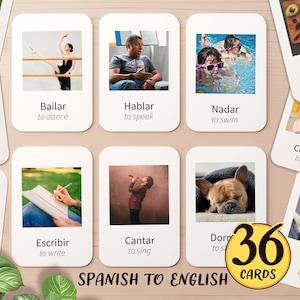 36 Spanish & English Verb Flashcards | Printable Spanish Language Learning Flash Cards | Spanish Bilingual Homeschool Activity for PreK Kids