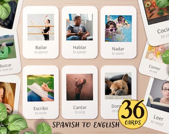 36 Flashcards di verbi spagnoli e inglesi / Flashcards stampabili per l'apprendimento della lingua spagnola / Attività di homeschooling bilingue in spagnolo per bambini in età prescolare