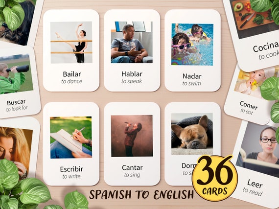 36 Spanish & English Verb Flashcards | Printable Spanish Language Learning Flash Cards | Spanish Bilingual Homeschool Activity for PreK Kids