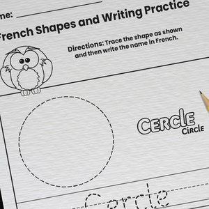 8 French Shapes Practice Worksheets for Kids | Printable French First Word Vocabulary Worksheets | Classroom Homeschool Language PDF Page