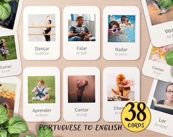 38 Portuguese & English Verb Flashcards Printable | Brazil Vocabulary Preschool Homeschool Brazilian Classroom Activity | Toddler Flash Card