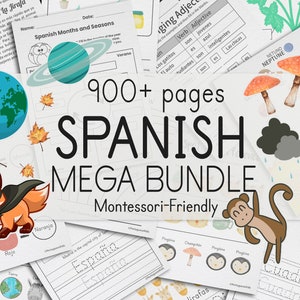 Learning Spanish Bundle | 900+ Spanish Worksheets for Kids | Printable Spanish Homeschool Activity | Spanish School Grade Assignment Pages