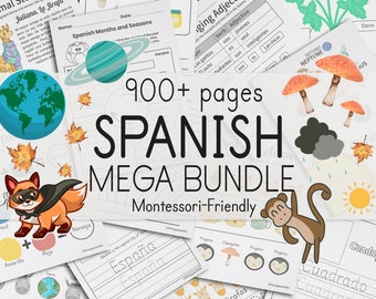 Learning Spanish Bundle | 900+ Spanish Worksheets for Kids | Printable Spanish Homeschool Activity | Spanish School Grade Assignment Pages