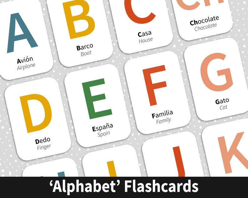 Bilingual Spanish and English Flashcards to help parents who homeschool to teach their children how to speak Spanish for sale on Etsy.