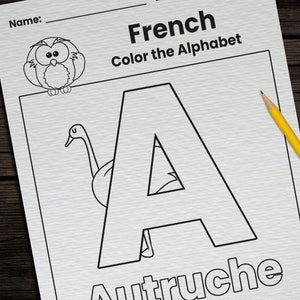 子供向けフランス語アルファベットぬり絵ワークシート 26 枚 | 印刷可能なフランス語 ABC バイリンガル ワークシート | ESL 教室ホームスクール レッスン言語ページ