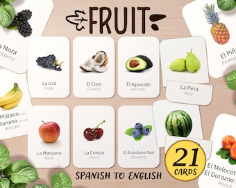 May include: A set of 21 flashcards featuring colorful illustrations of fruits with their Spanish and English names. The cards are designed to help learn Spanish vocabulary for fruits.