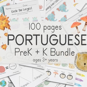 Portuguese PreK + K Bundle, 100 Pages | Portuguese Preschool & Kindergarten Worksheets for Ages 3+ | Printable Kids Quiet Workbook Activity