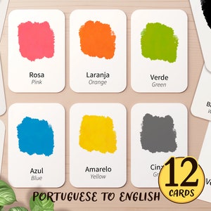 die 12 portugiesischen und englischen Farb-Karteikarten zum Ausdrucken | Brasilien Kind Vorschule Homeschool brasilianischen Klassenzimmer Aktivität | Kleinkind-Sticker-Karte