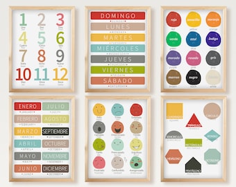 May include: Six colorful posters with Spanish and English words for numbers, days of the week, months of the year, colors, shapes, and emotions. The posters have a wooden frame.