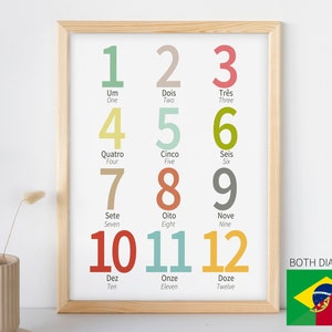 Portuguese & English Numbers Poster Printable | Preschool Brazilian Portugal Playroom Classroom Wall Art | Toddler Educational Print Decor