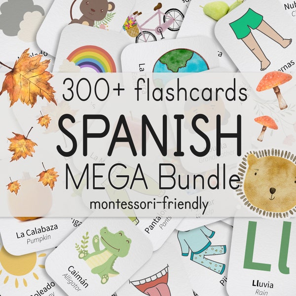 Learning Spanish Bundle | 300+ Spanish Flashcards for Kids | Printable Spanish Homeschool Activity | Spanish School Classroom Flash Cards