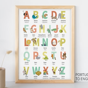 Französisch & Englisch ABC Poster druckbar | Homeschool Portugal brasilianisches Klassenzimmer Alphabet-Baby-Kunst | Tier Kind Kinder Buchstabe Druck Dekor