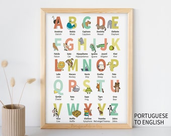 Portuguese & English ABC Poster Printable | Homeschool Portugal Brazilian Classroom Alphabet Baby Art | Animal Child Kids Letter Print Decor