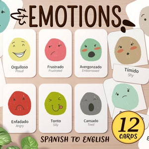 12 tarjetas didácticas bilingües en español e inglés para imprimir sobre las emociones / Actividad para el aula de ESL en el hogar y preescolar para el asesoramiento Tarjeta didáctica del rincón de la calma