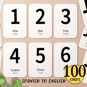 100 Spanish & English Numbers Flashcards | Printable Bilingual Spanish Homeschool Classroom Activity | Toddler Preschool Learning Flash Card
