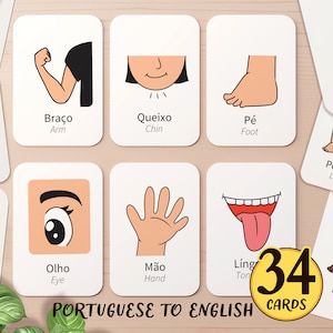 34 cartes en portugais et anglais sur les parties du corps du Brésil imprimable | Activité d'enseignement brésilien pour l'école maternelle à la maison | Carte flash pour tout-petit