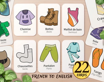 22 French & English Bilingual Clothes Flashcard | Printable French Homeschool Classroom Nouns Activity | Toddler Kids Preschool Flash Cards