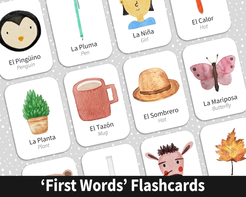 May include: A set of colorful flashcards with illustrations and Spanish words for common objects, such as a penguin, pen, girl, heat, plant, mug, hat, butterfly. The text 'First Words' Flashcards' is at the bottom of the image.