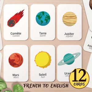 12 French & English Solar System Bilingual Flashcards for Kids | Learn French Preschool Homeschool Pre-K Montessori Toddler Basic Flash Card