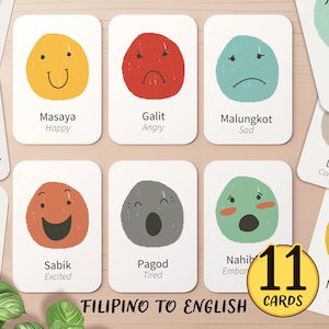 Cartões de memória bilíngues sobre emoções filipinas para impressão | Cartão de memória para sala de aula de educação domiciliar pré-escolar em tagalo filipino e inglês