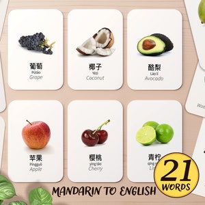 21 Mandarin & English Bilingual Fruit Flashcard Printable | Learn Mandarin Chinese Montessori Pre-K Classroom Activity | Toddler Flash Cards
