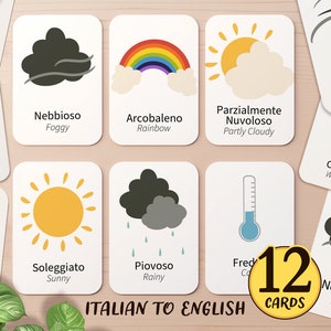Italienisch & Englisch Wetter Karteikarten für Kinder | Druckbare Italienisch Kleinkind Vorschule Pre-K Homeschool Sprache lernen Wetter Aktivität
