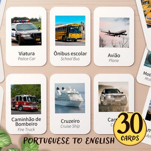 30 véhicules en portugais et en anglais Brésil Flashcard imprimable | Voitures, bateaux École à la maison Brésilienne de classe Enseigner l'activité aux enfants Carte flash