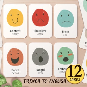 12 のフランス語と英語の感情のバイリンガル フラッシュ カード 印刷可能 | カウンセリング 幼稚園 ホームスクール キッズ クラス アクティビティ 落ち着いたコーナー フラッシュ カード