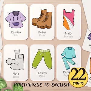 22 vestiti portoghesi e inglesi Flashcard stampabili / Homeschool Brasile Portogallo Vocabolario Insegnare ai bambini in età prescolare Attività Flashcard per bambini piccoli