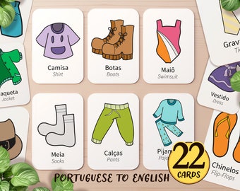 22 Portuguese & English Clothes Flashcard Printable | Homeschool Brazil Portugal Vocabulary Teach Preschool Kids Activity Toddler Flash Card