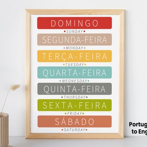 Portuguese & English Days of the Week Poster Printable | Preschool Brazilian Kid Playroom Classroom Wall Art | Toddler Education Print Decor