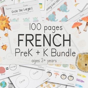 Franse PreK + K-bundel, 100 pagina's | Franse werkbladen voor kleuters en kleuters voor kinderen van 3 jaar en ouder | Afdrukbare activiteiten in een werkboek met stille boeken voor kinderen