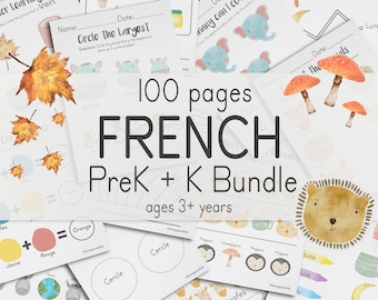 Français PreK + K Bundle, 100 pages | Fiches d'exercices de français pour la maternelle et la maternelle à partir de 3 ans | Cahier d'exercices pour enfants à imprimer