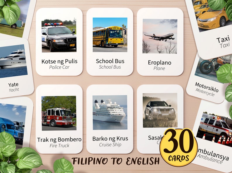 30 Filipino & English Vehicles Filipino Bilingual Flashcards for Kids