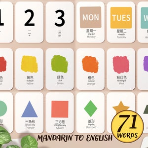 Pacote com 71 Flashcards de noções básicas de mandarim chinês | Números, dias, meses, estações, cores e formas para atividades de educação domiciliar na pré-escola e no jardim de infância