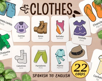 May include: 22 flashcards with illustrations of clothing items in Spanish and English. Each card features a colorful drawing of an item of clothing, such as a shirt, pants, socks, and shoes, with the Spanish and English words for the item below the illustration.
