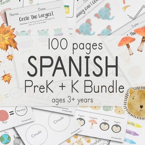 Spanish PreK + K Bundle, 100 Pages | Spanish Preschool & Kindergarten Worksheets for Ages 3+ | Printable Kids Quiet Book Workbook Activity