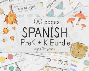 Paquete PreK + K en español, 100 páginas / Hojas de trabajo en español para preescolar y jardín de infantes para mayores de 3 años / Libro tranquilo para niños imprimible, libro de actividades